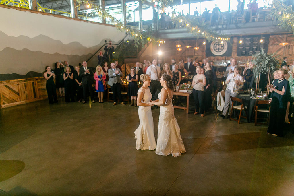 A wedding couple during their first dance 