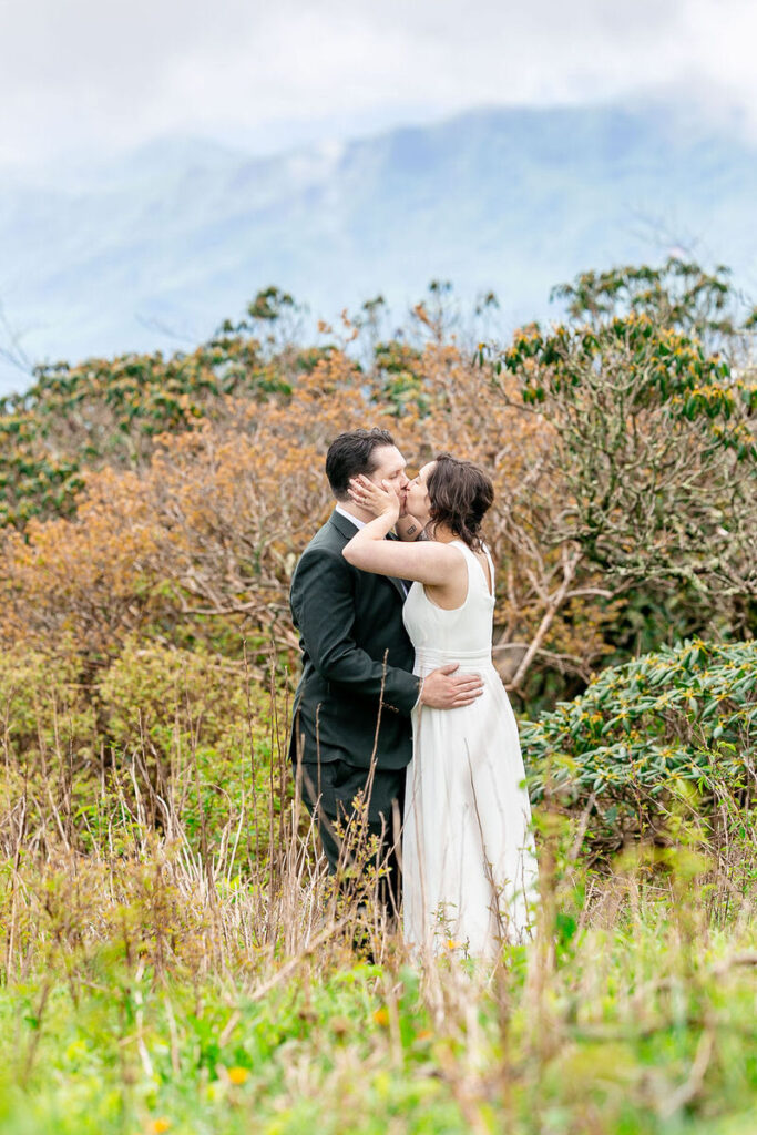 The bride and groom sharing a kiss surrounded by greenery and mountainous landscape.
