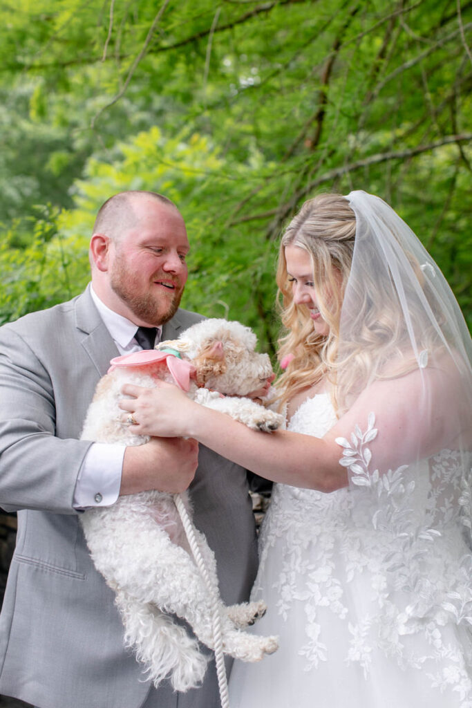 A person holding a dog while another person reaches in to pet it. 