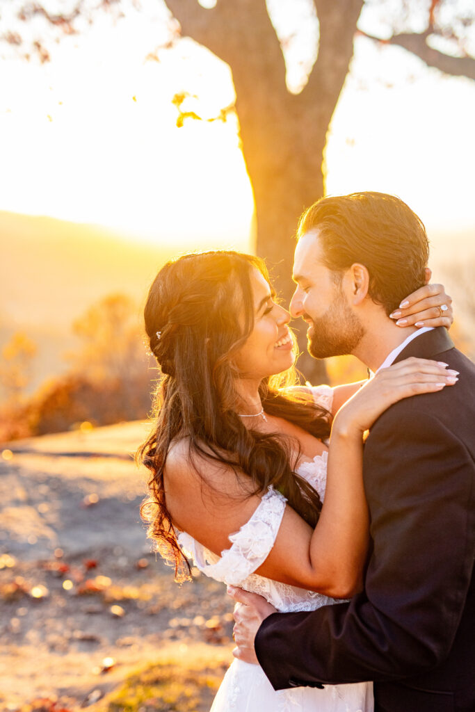 Asheville elopement photographer capturing a couple embracing at sunset on a mountaintop in the Blue Ridge Mountains
