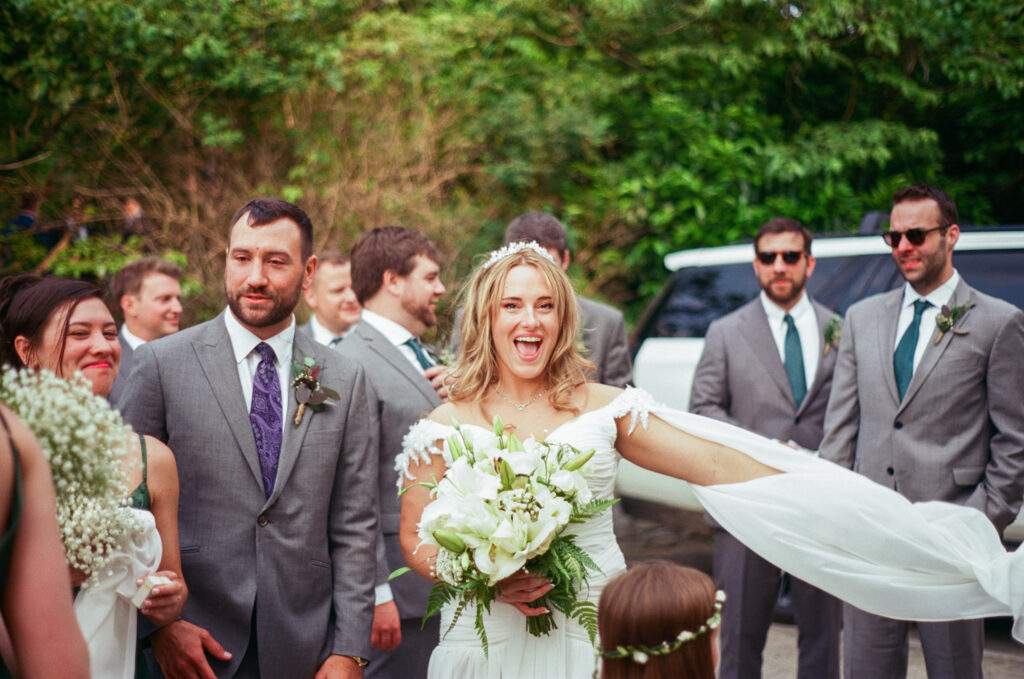 Wedding party celebration at Homewood in Asheville photographed on film by Asheville wedding photographer