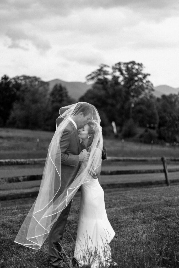
black and white photo of bride and groom kissing under a veil in a mountain meadow at an Asheville NC wedding with Blue Ridge Mountain views